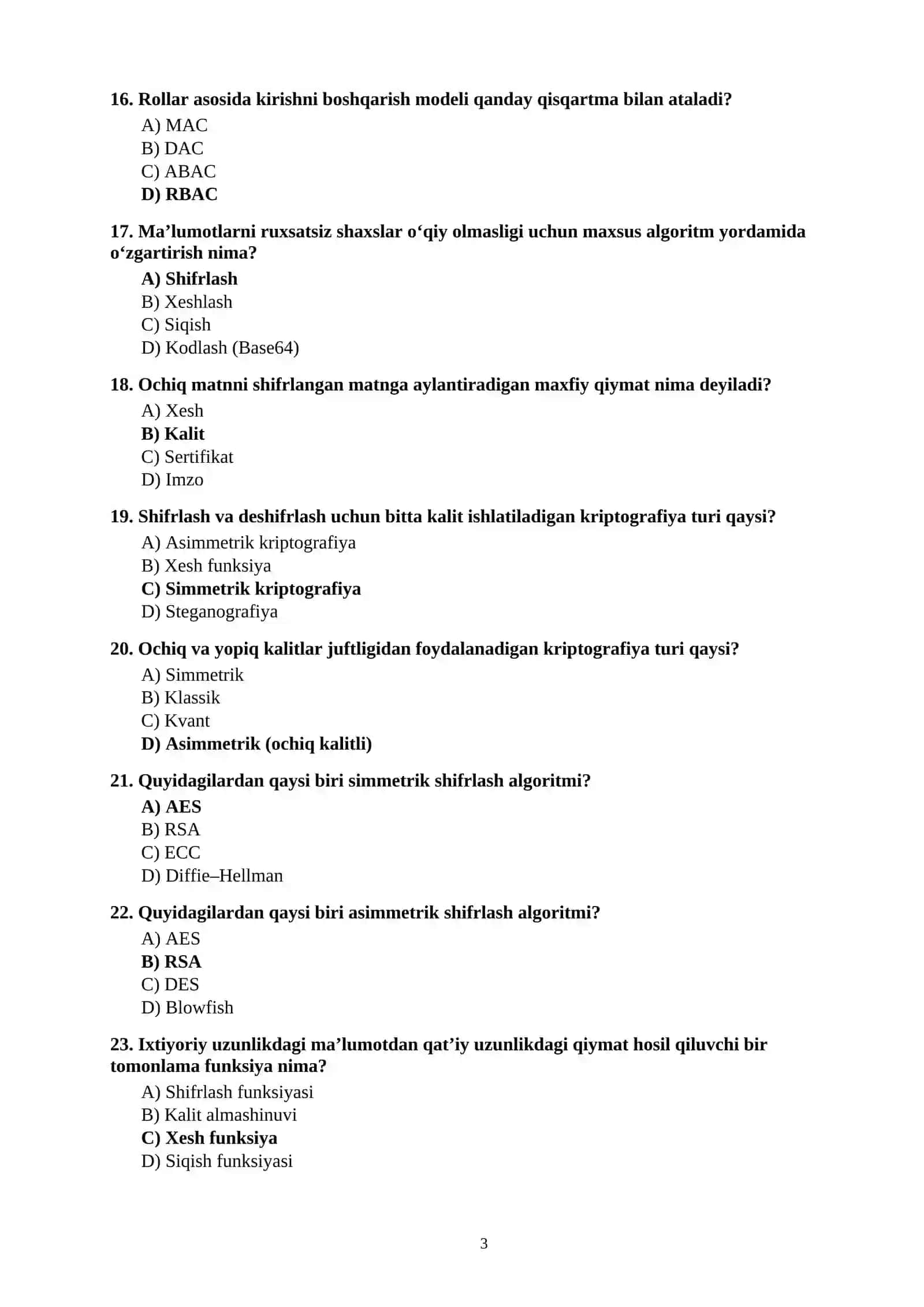 KIBERXAVFSIZLIK” DAN 100 TA TEST SAVOLLARI JAVOBLARI BILAN 3