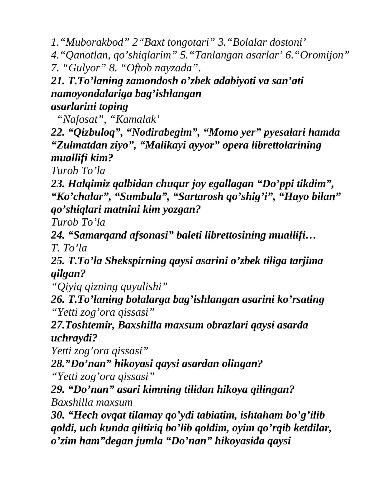 U6-SINF ADABIYOTI (460 ta) savollar+javoblar 3