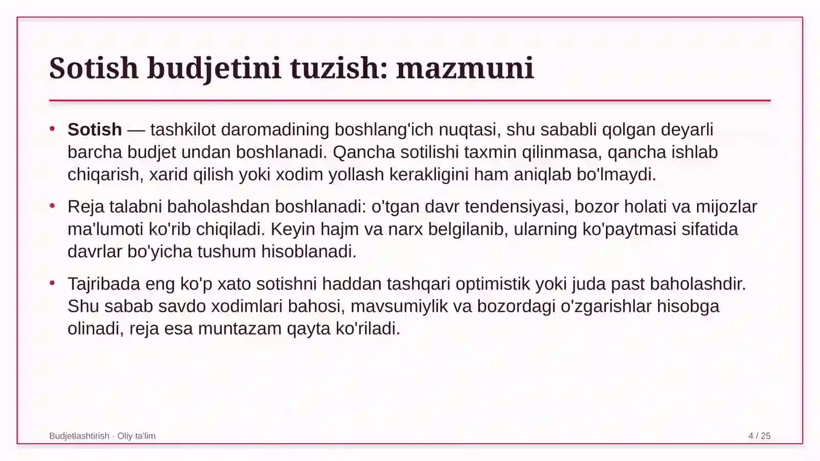 Dehqon xo'jaliklarida sotish budjetini tuzish 4