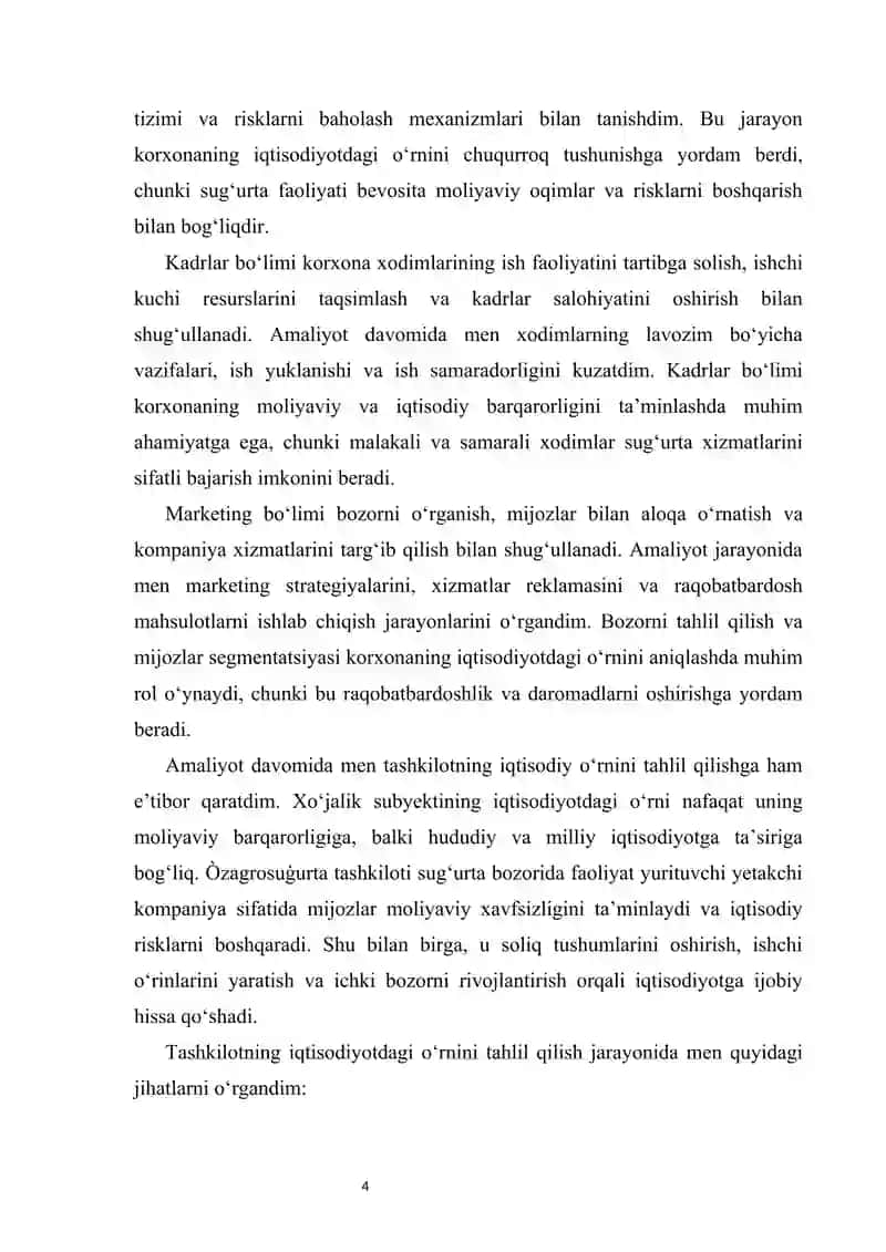 O'zagrosug'urta  amaliyot hisobot    MALAKAVIY AMALIYOT HISOBOTI O'zagrosug'urta 4