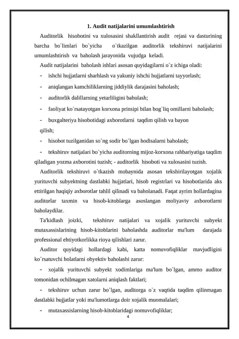 Reja: I.	Kirish II.	Asosiy qism	 2.1. Majburiy auditorlik tekshiruvi.  2.2. Tashabbus tarzidagi (ixtiyoriy) auditorlik tekshiruvi.  2.3. Nazorat qiluvchi yoki huquqni muhofaza qiluvchi organlar tashabbusiga ko‘ra audit o‘tkazish xususiyatlari.  2.4. Auditorlik tashkilotlarining professional xizmatlari  III.	Xulosa IV.	Foydalanilgan adabiyotlar 4