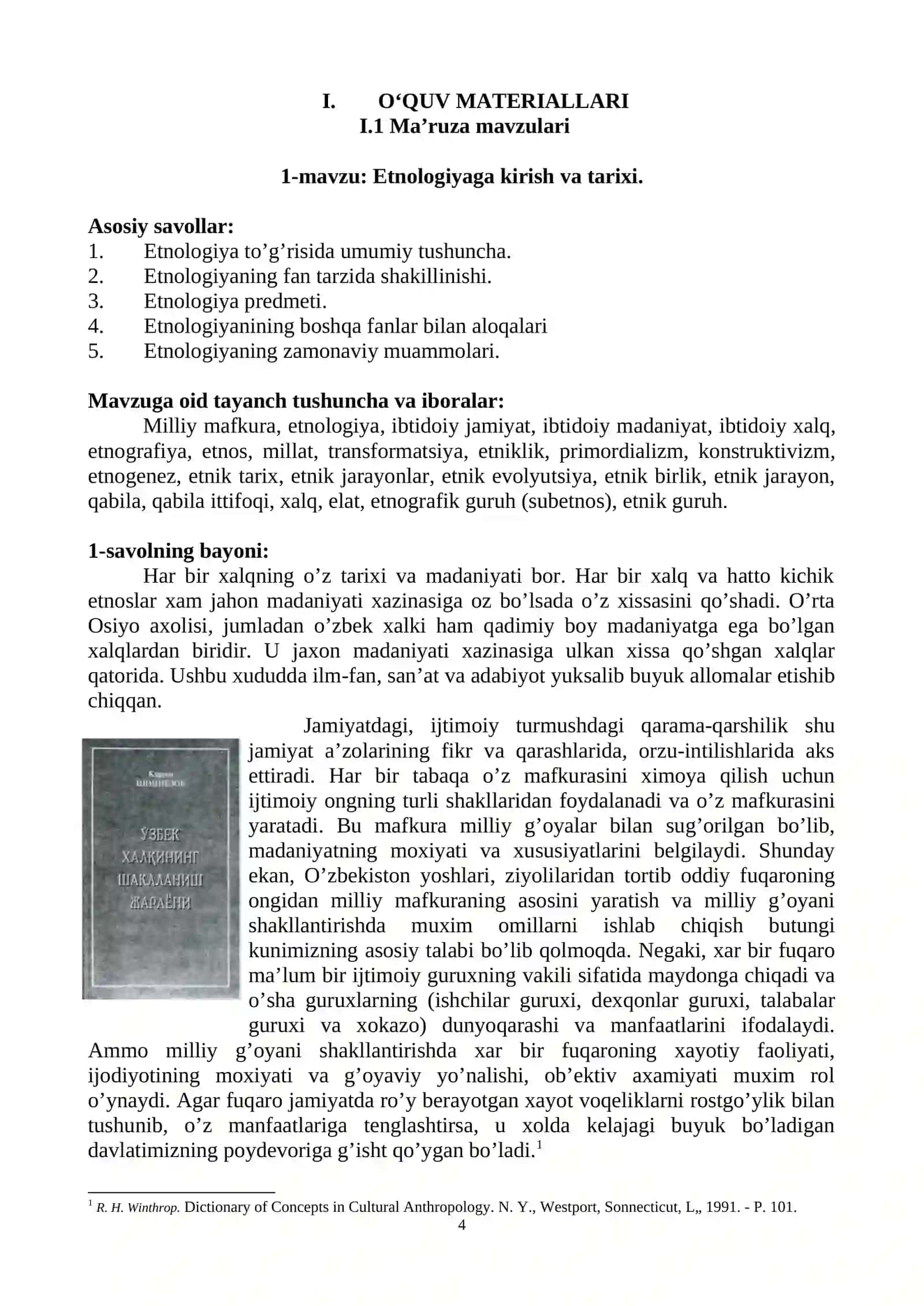 ARXEOLOGIYA VA ETNOLOGIYA (ETNOLOGIYA) Fanidan O‘QUV-USLUBIY MAJMUA 4