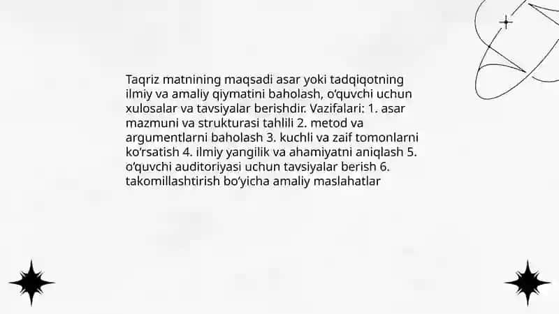 Taqriz matni. Taqrizning turlari. Taqrizning tuzilishi 4
