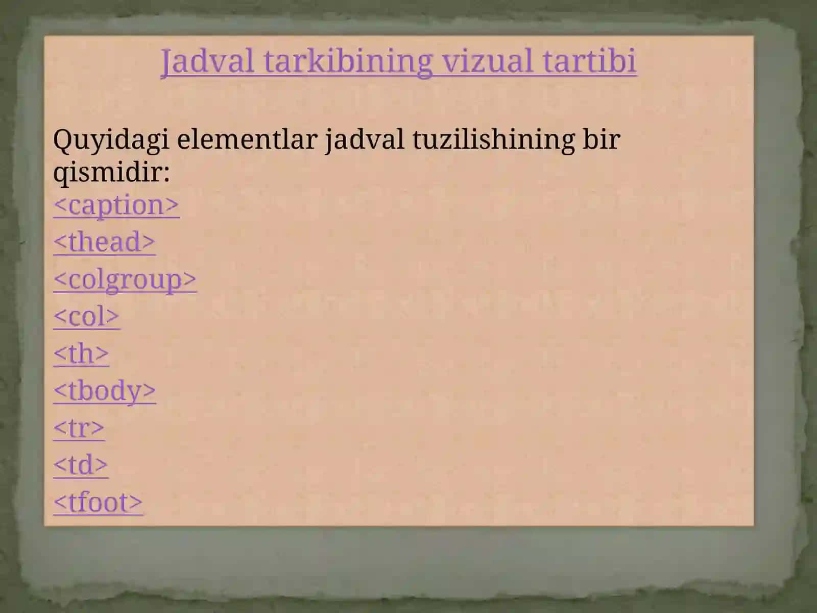 HTML jadvallari, shaklni boshqarish elementlari 4