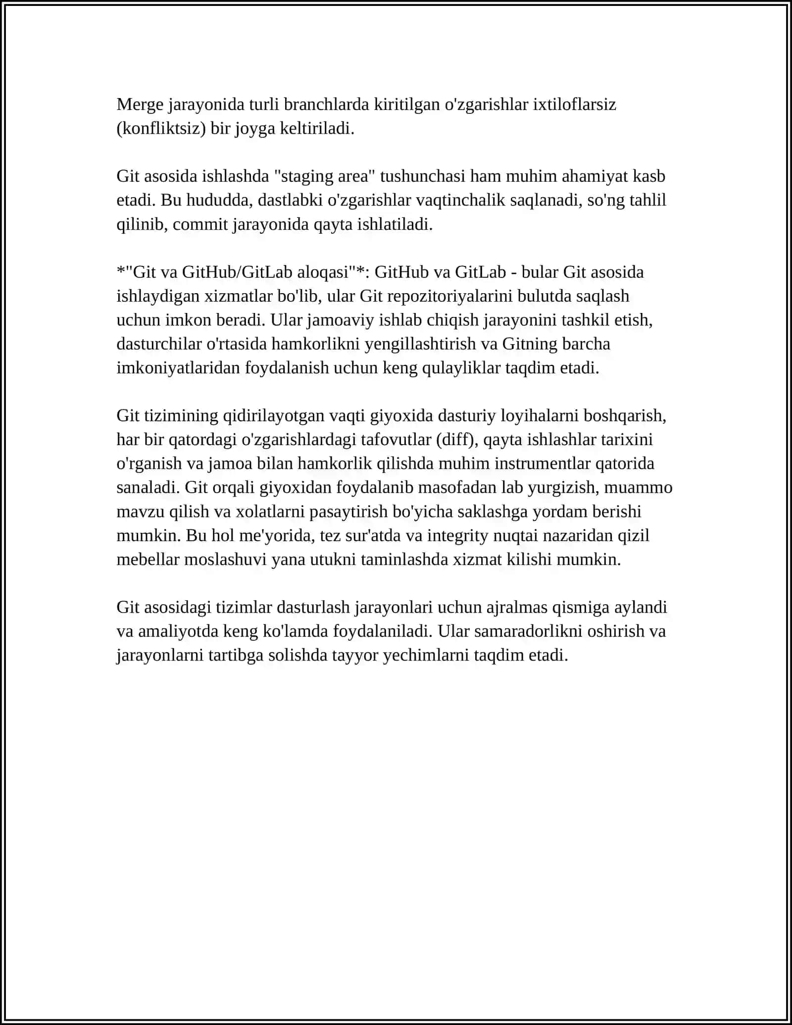 VERSIYALAR NAZORATI.GITVAGITHUB/GITLAB(COMMIT,PUSH,BRENCH,MERGE) 4