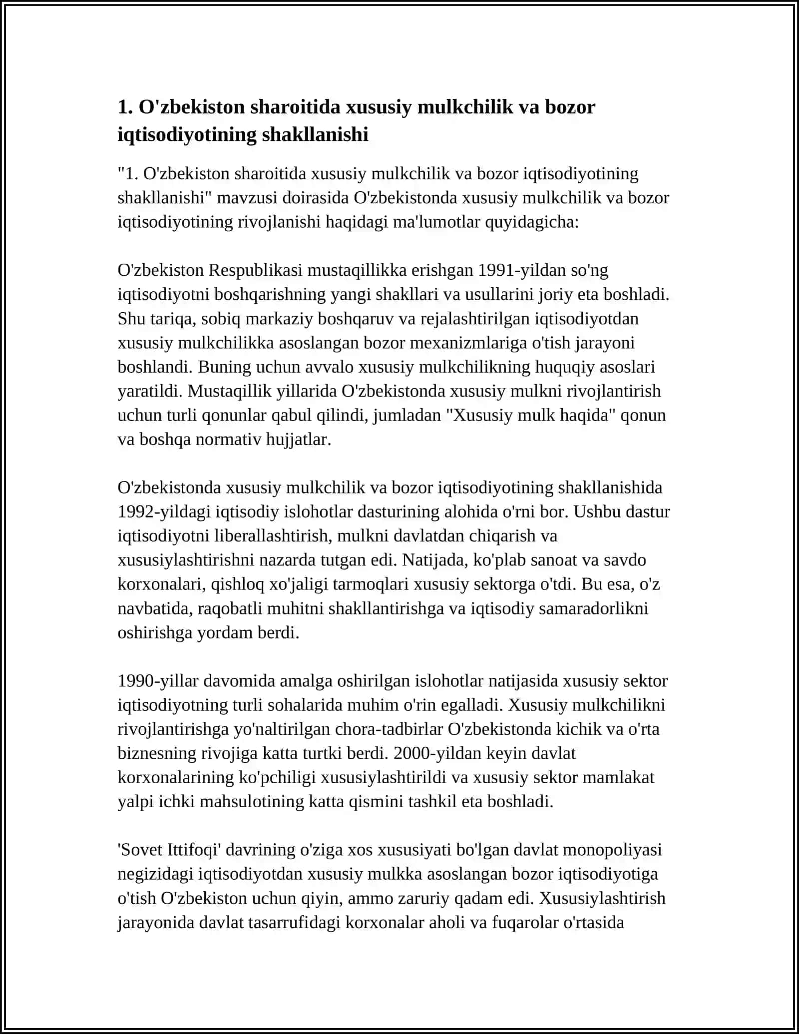 O'ZBEKISTON SHAROITIDA BOZOR MUNOSABATLARINING RIVOJLANISHIDA XUSUSIY MULKCHILIKNING AHAMIYATI 4