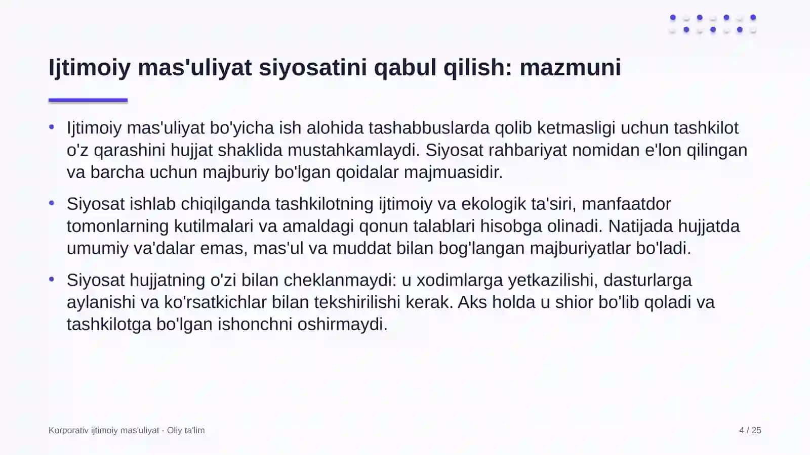 qadoqlash materiallari ishlab chiqarishda ijtimoiy mas'uliyat bo'yicha ichki siyosatni qabul qilish 7088 4