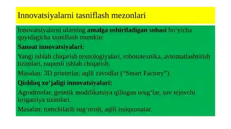 Innovatsiyalarning sohalar bo’yicha turlari 4