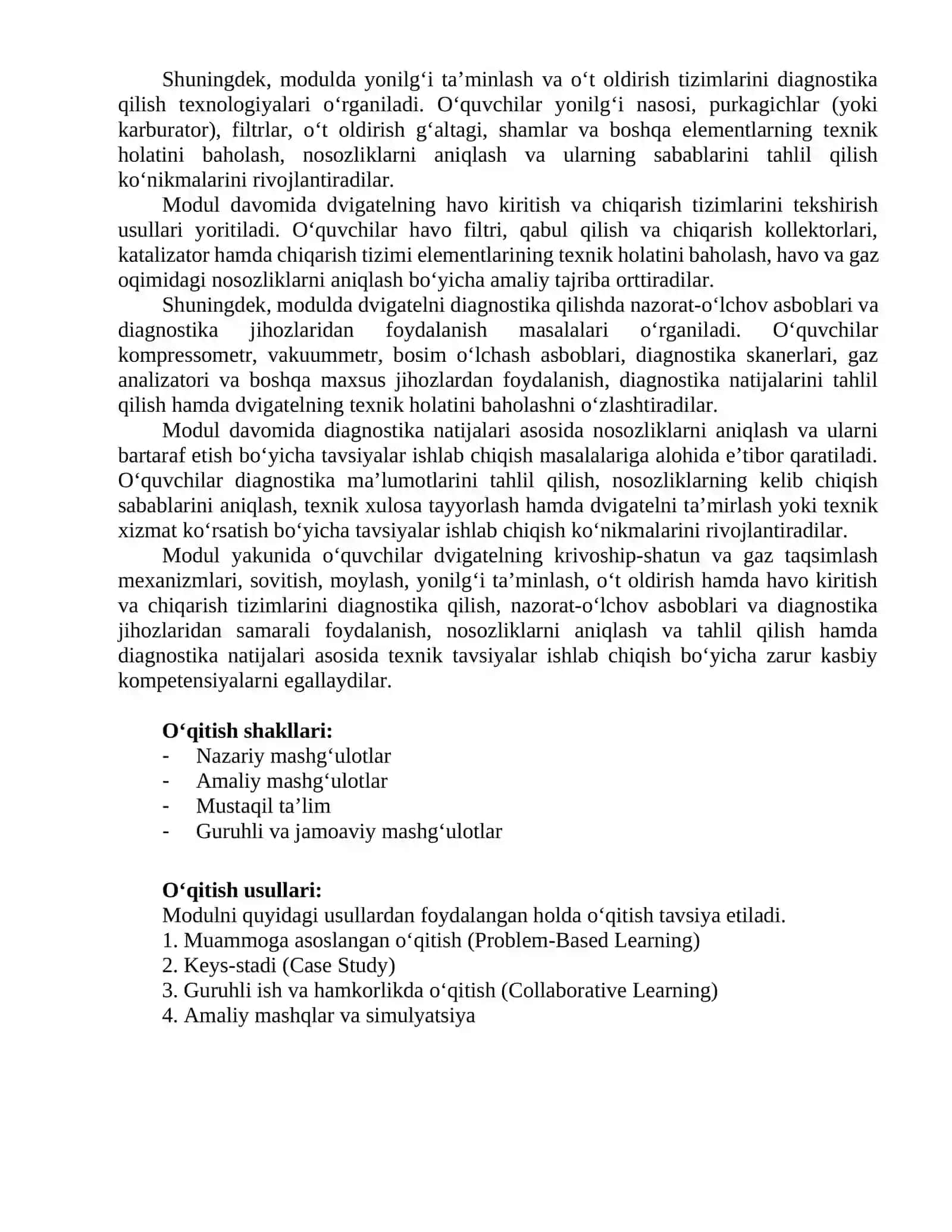 KM1. Avtomobil dvigatellarini tashxislash  MODULI  ISHCHI  DASTURI 4