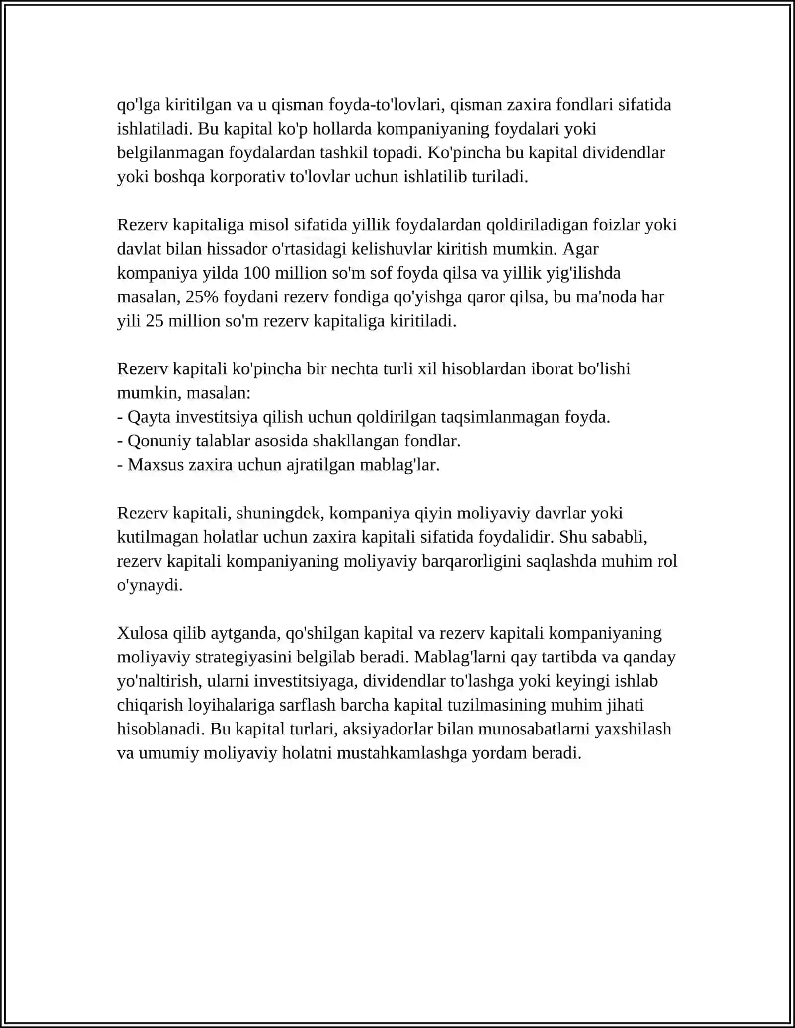 Qo'Shilgan Kapital Rezerv Kapitali va Taqsimlanmagan Foyda (Qoplanmagan Zarar) ni Tekshirish 4