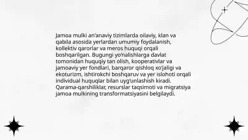 Mulkchilik shakllarining evolyutsiyasi: jamoa, aralash va xususiy mulkning hozirgi ko‘rinishlari 4