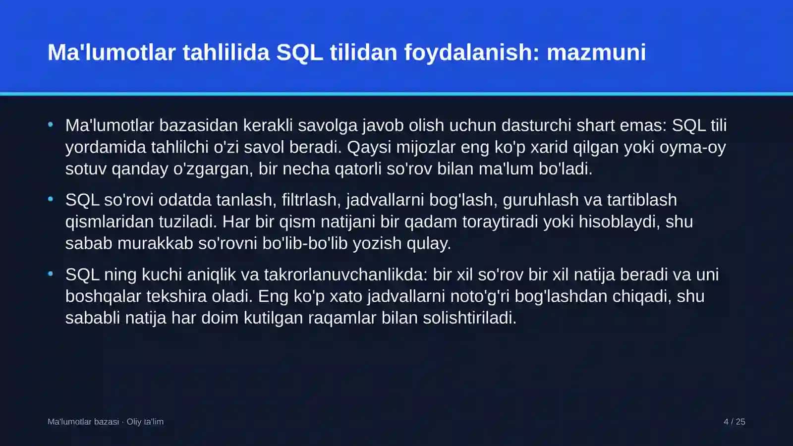 Antimonopol organlarda ma'lumotlar tahlilida SQL tilidan foydalanish 4