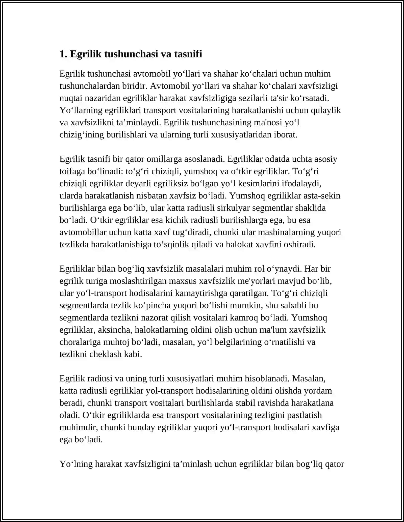 AVTOMOBIL YOLLARI VA SHAHAR KOCHALARINI EGRILIKLARIGA HARAKAT XAVSIZLIGI BOYICHA QOYILGAN MEYORIY TALABLARNI ORGANISH 4
