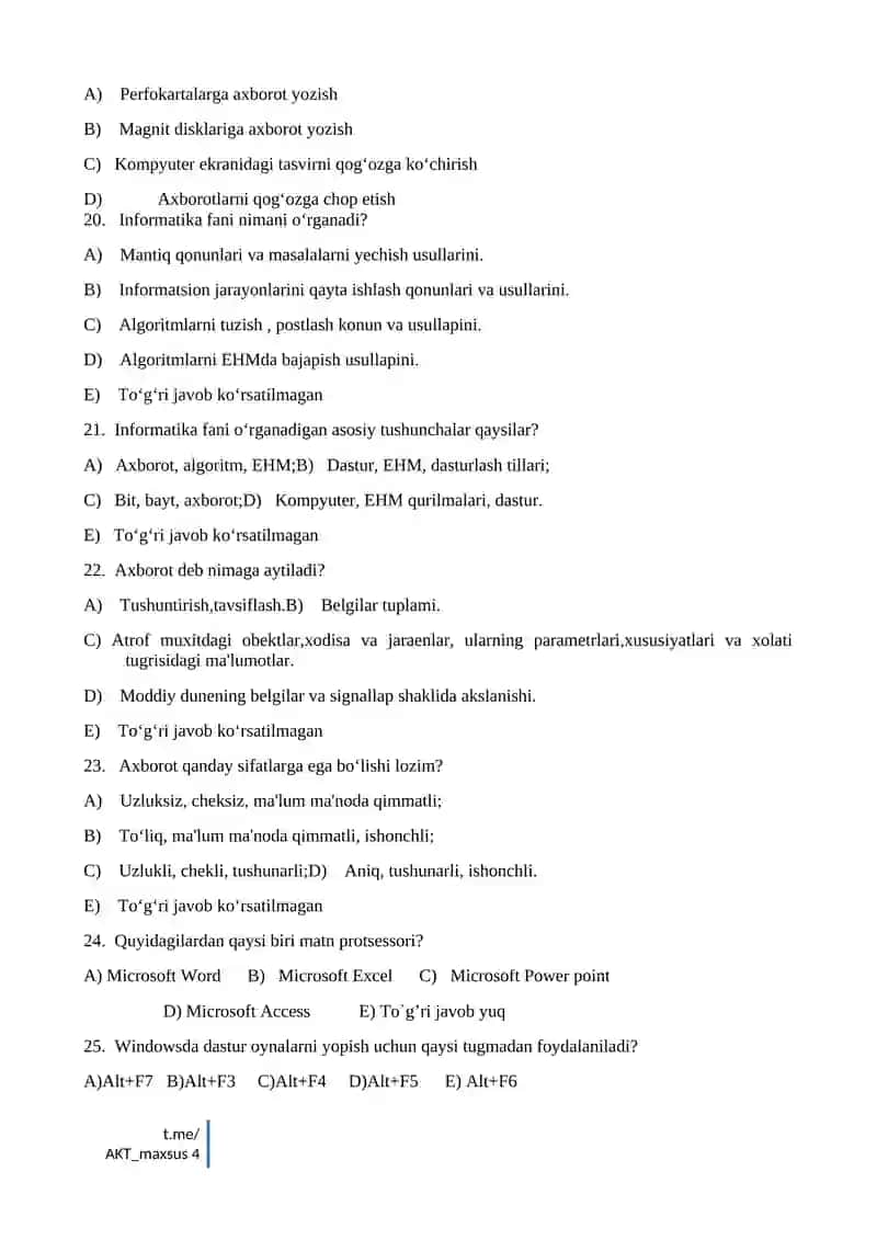 INFORMATIKA FANDAN NAZORAT ISHLARI DAFTARI 4