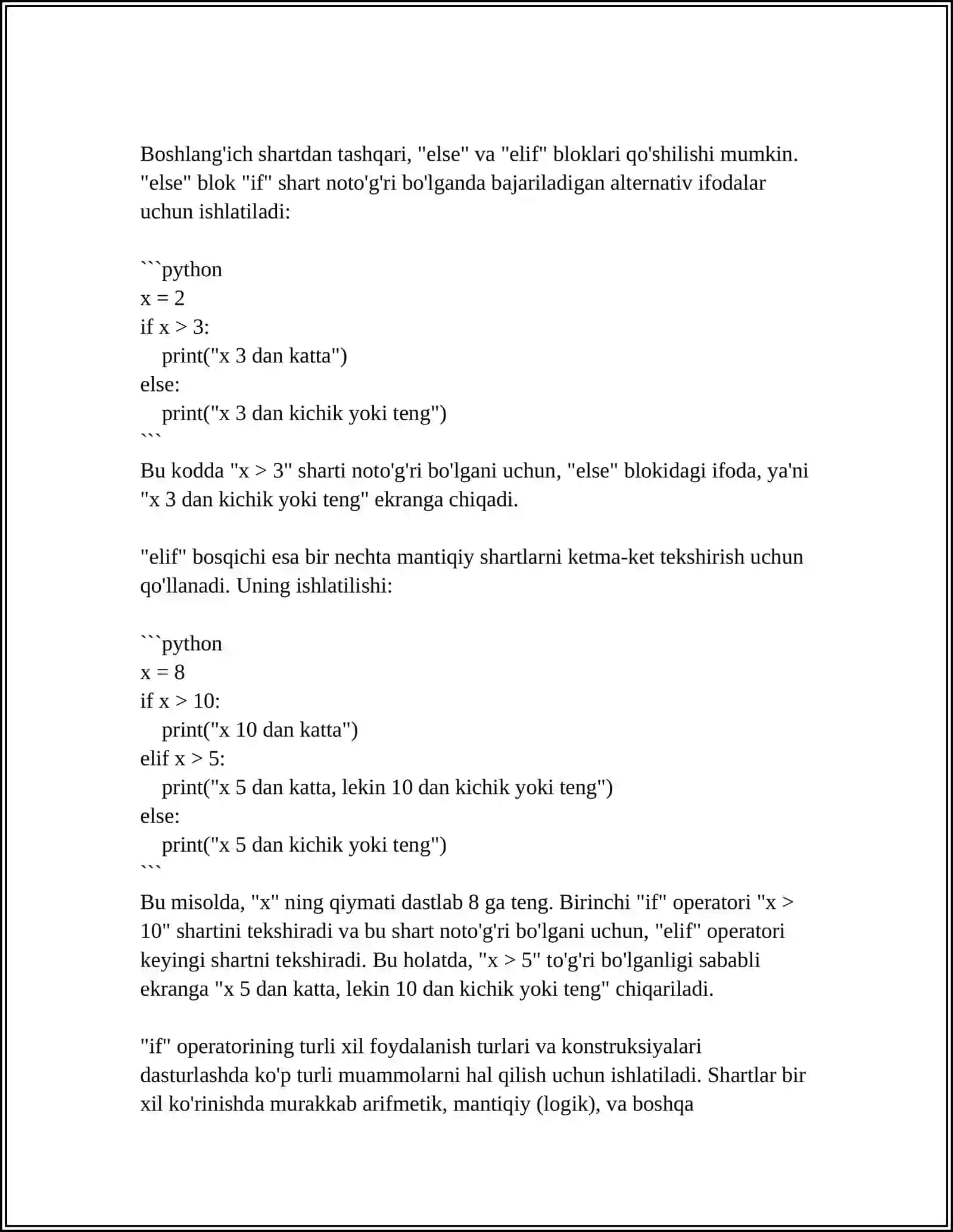 PYTHON DASTURLASH TILIDA SHART OPERATORLARI 4