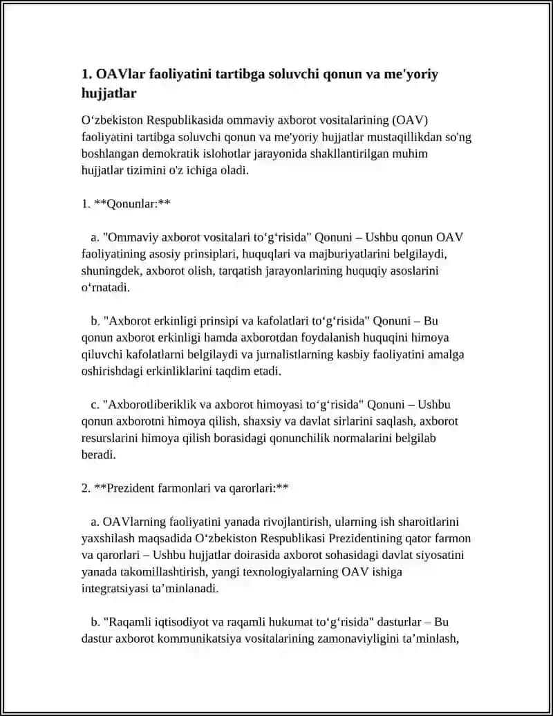 OAVlar faoliyatini tartibga soluvchi qonun va me'yoriy hujjatlar 4