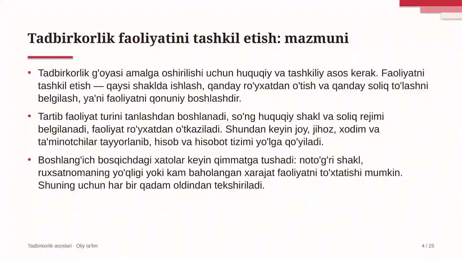 Tadbirkorlik asoslari · Oliy ta'limgi 4