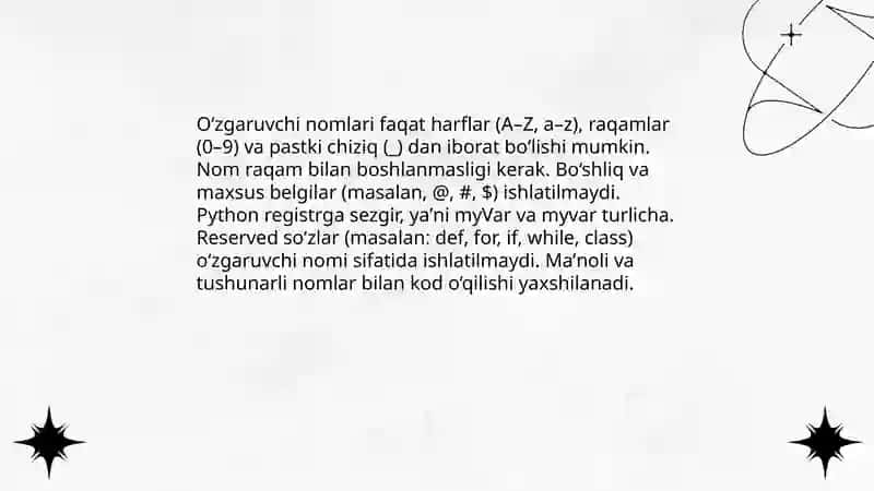 Python dasturlash tilida o‘zgaruvchi e’lon qilish, sikllar va funksiyalar 4