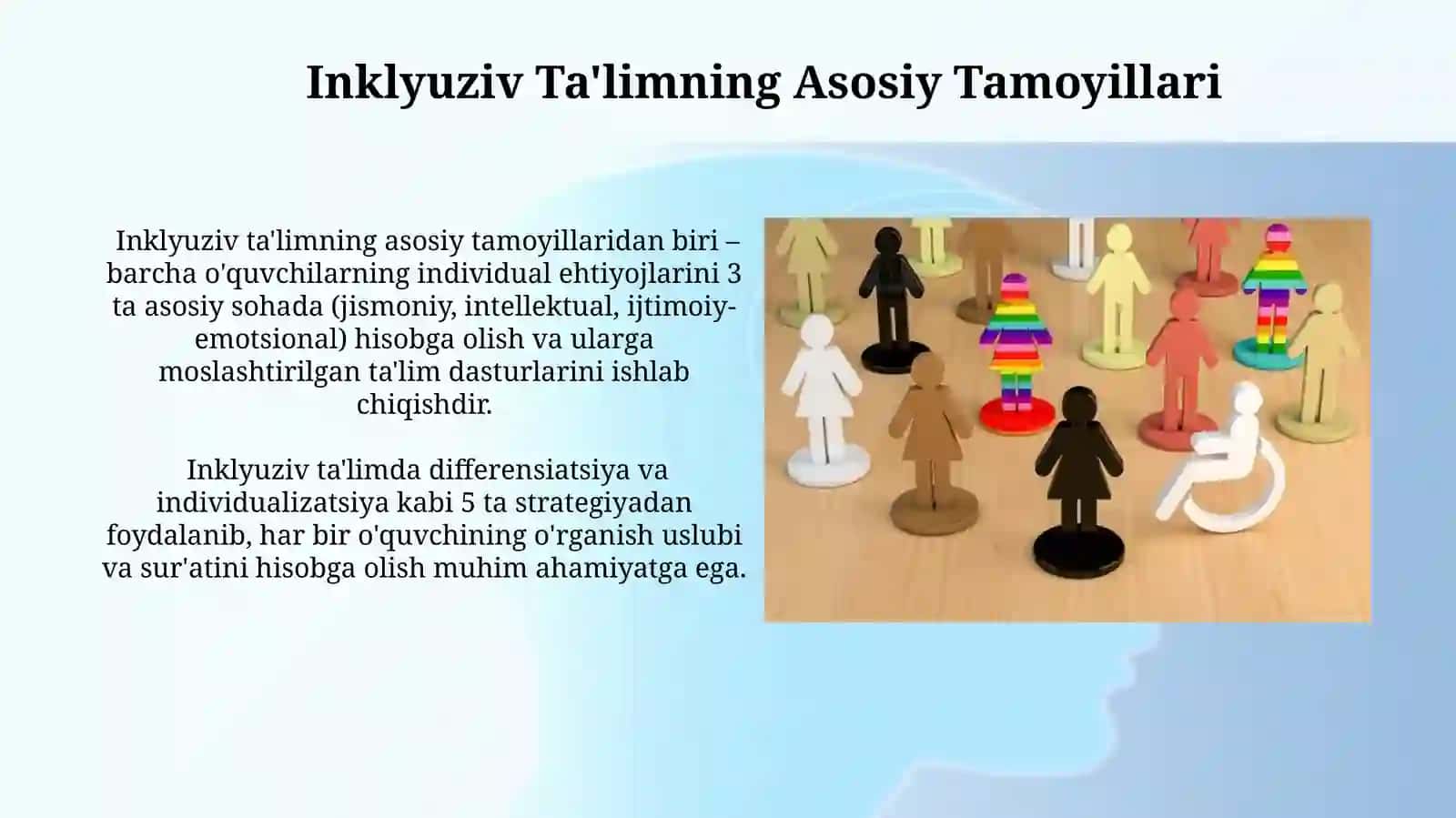 Inklyuziv ta’limning tamoyillari va unga boʻlgan ehtiyojlar va uningsabablari,bosqichlari 4