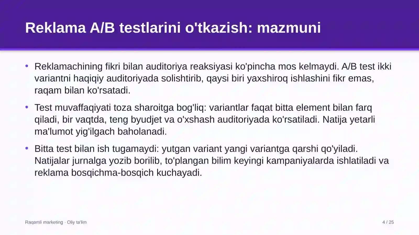 Bog'dorchilikda reklama A/B testlarini o'tkazish 4