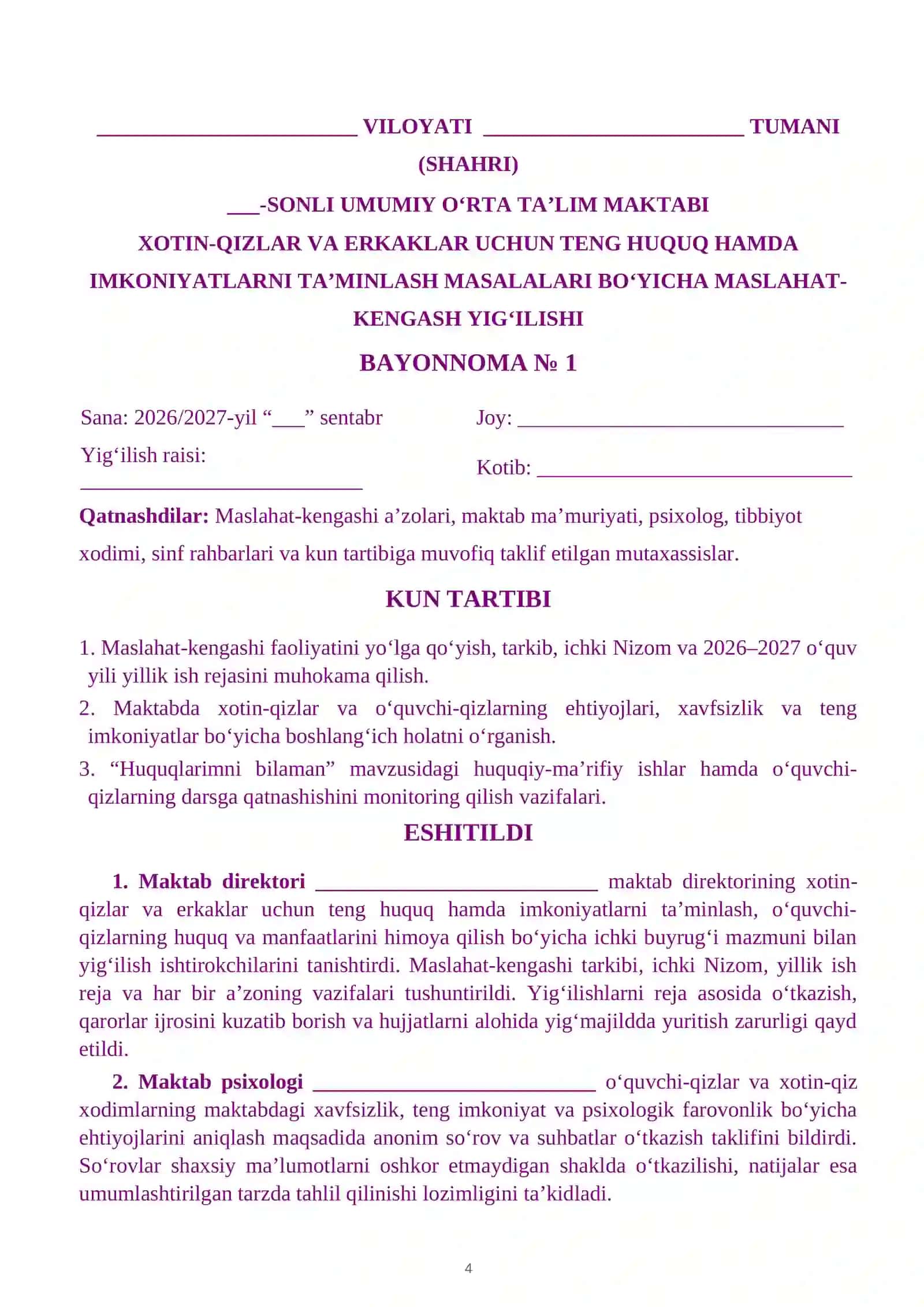 Xotin-Qizlar va Gender Tenglik Yo‘nalishida Bayonnoma 4