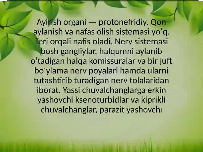 Yumaloq chuvalchanglar, askarida, ostritsa, filyariya, trixinella, egri(qiyshiq) boshli gijja, rishta, qil boshli gijja. Ovogelmintoskopiya usullari. Devastasiya. Degelmintizasiya 4