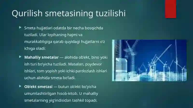 Qurilishning smeta bo'yicha qiymati (narxi)ni belgilashning tarkibi, tuzilishi va uslublari. 4