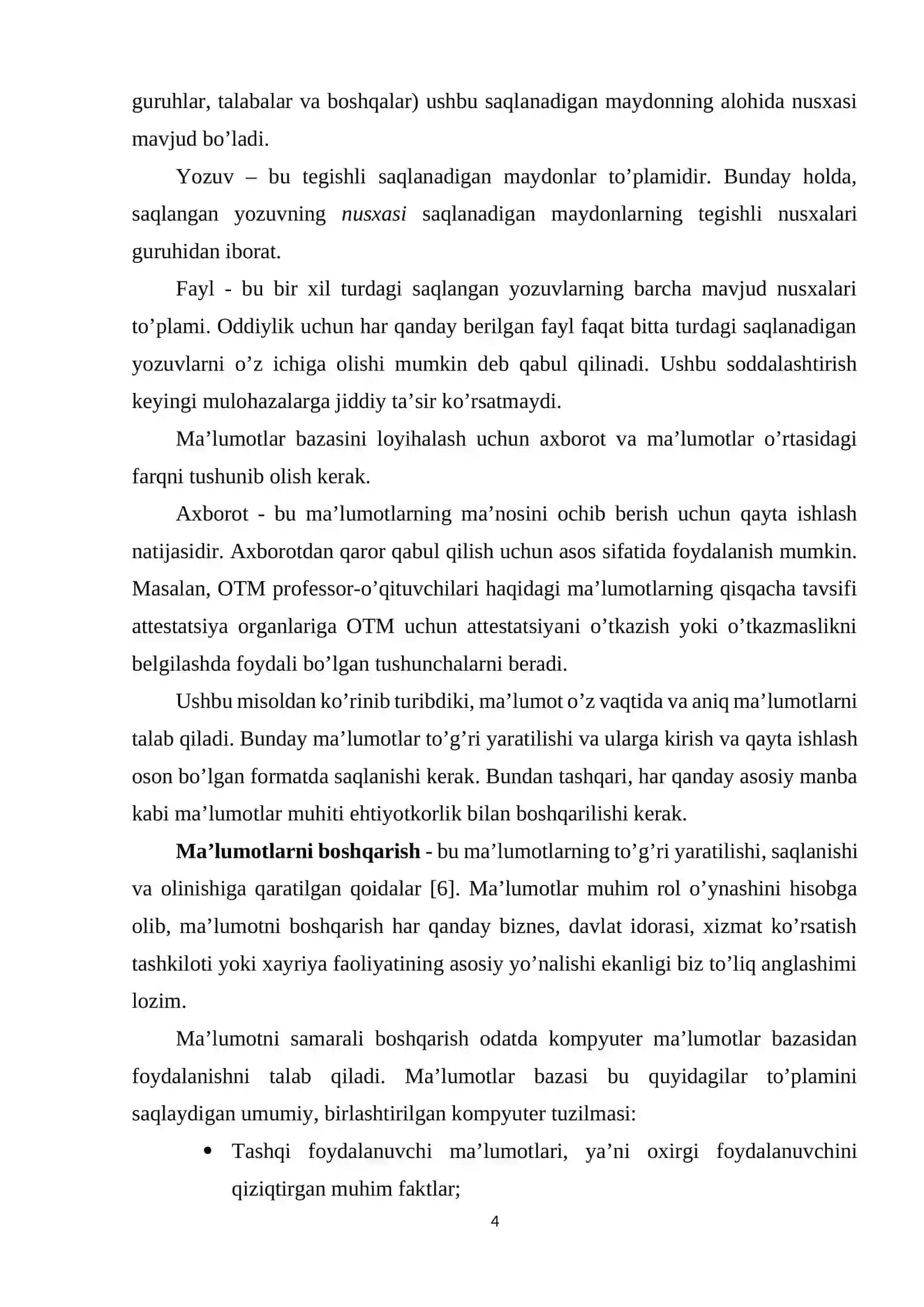 MA'LUMOTLAR BAZASI TEXNOLOGOYALARI FANIDAN 4