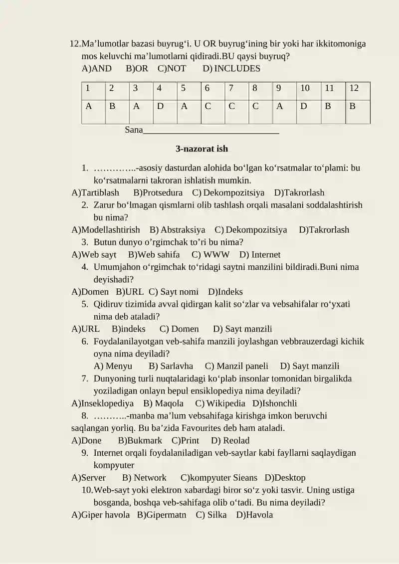 Informatika va axborot texnologiyalari fanidan nazorat ishi daftari 4