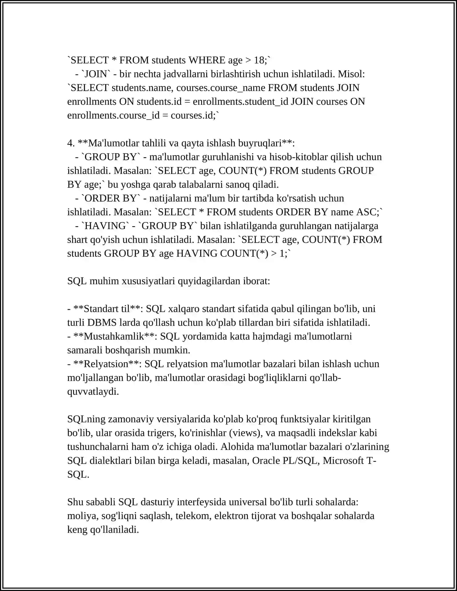 SQL DAN FOYDALANISH 4