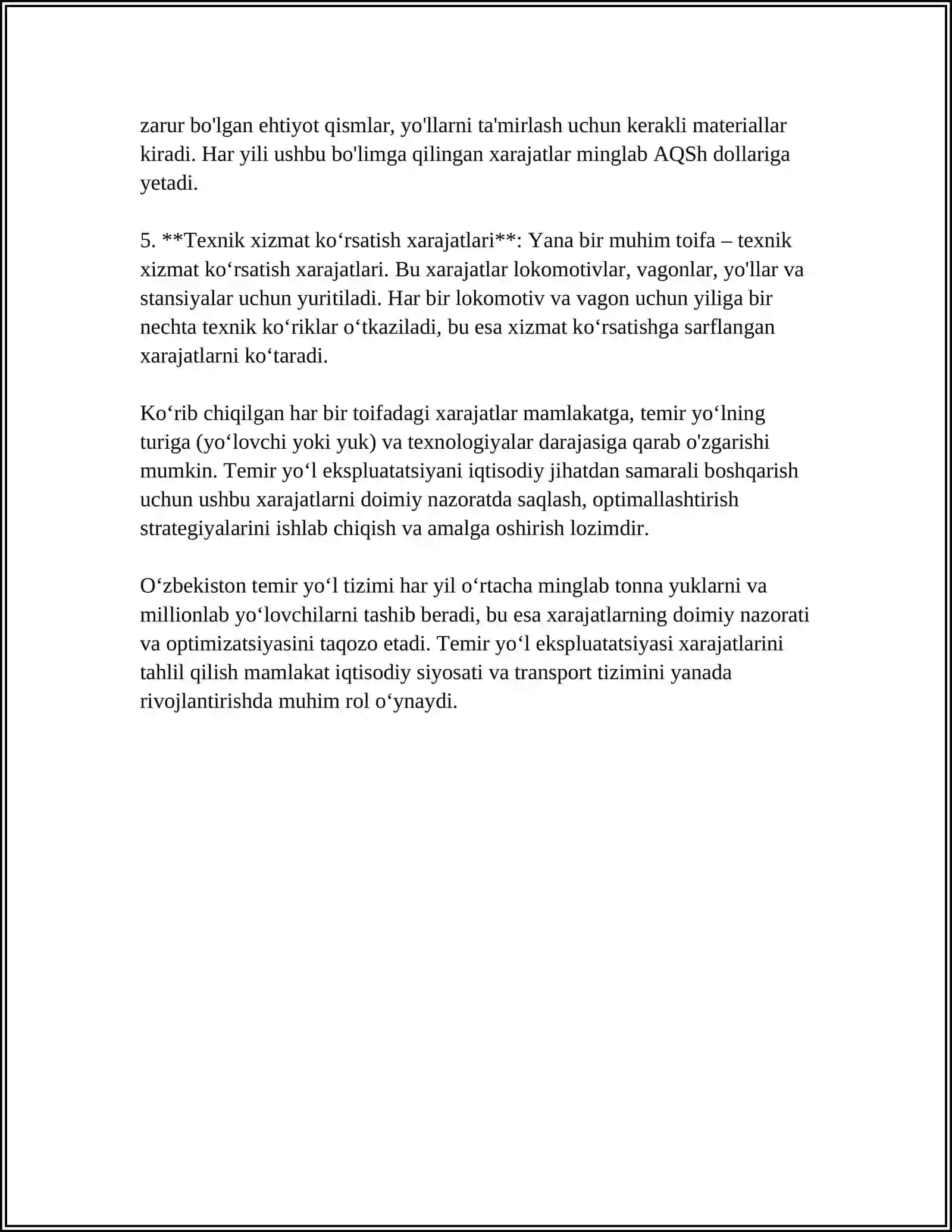 MUSTAQIL ISH Mavzu: TEMIR YO'L EKSPLUATASON XARAJATLARINI REJALASHTIRISH VA TASHISH TANNARXINI HISOBLASH 4