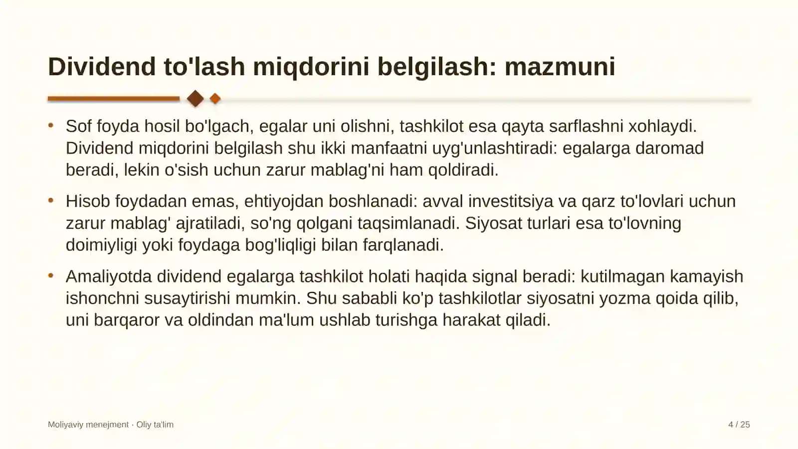 Gipermarketlarda dividend to'lash miqdorini belgilash 4
