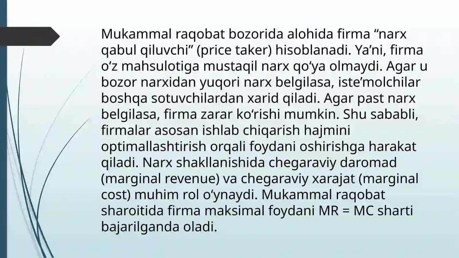 Mukammal raqobat sharoitida narx shakllanishi 4