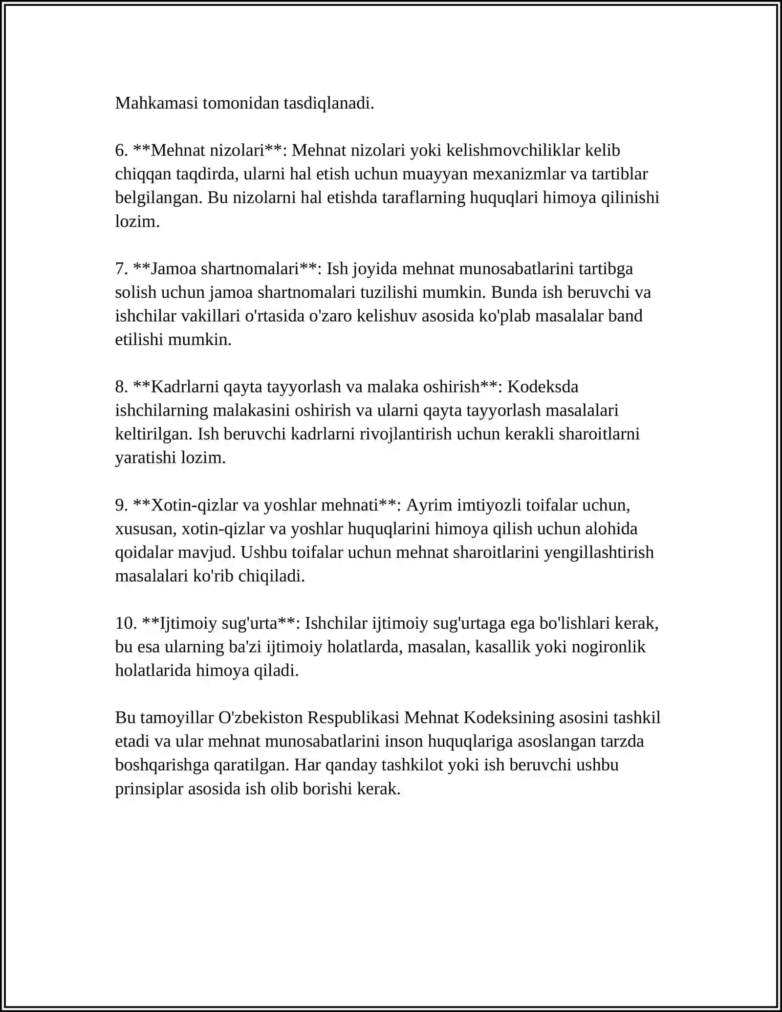 O'ZBEKISTON RESPUBLIKASI MEHNAT KODEKSI VA UNGA SOʻNGGI YILLARDA KIRITILGAN OʻZGARTIRISHLAR 4