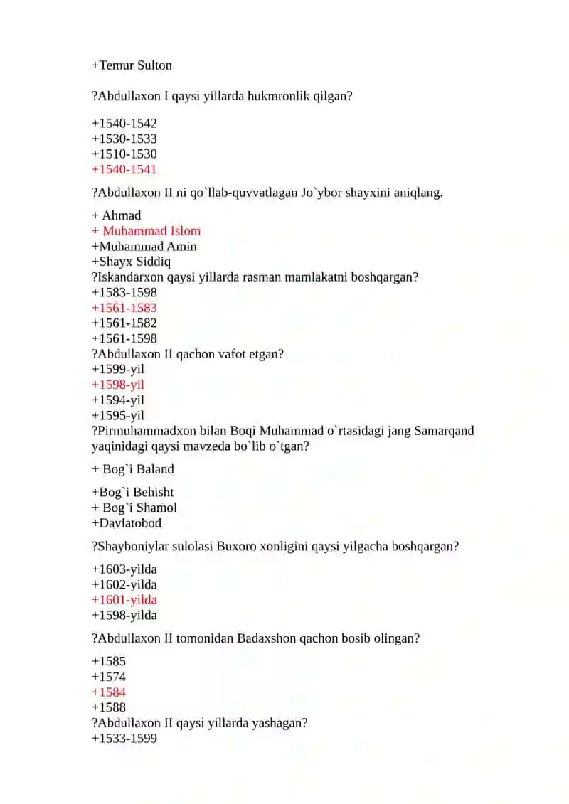 O’zbekiston tarixidan testlar 4