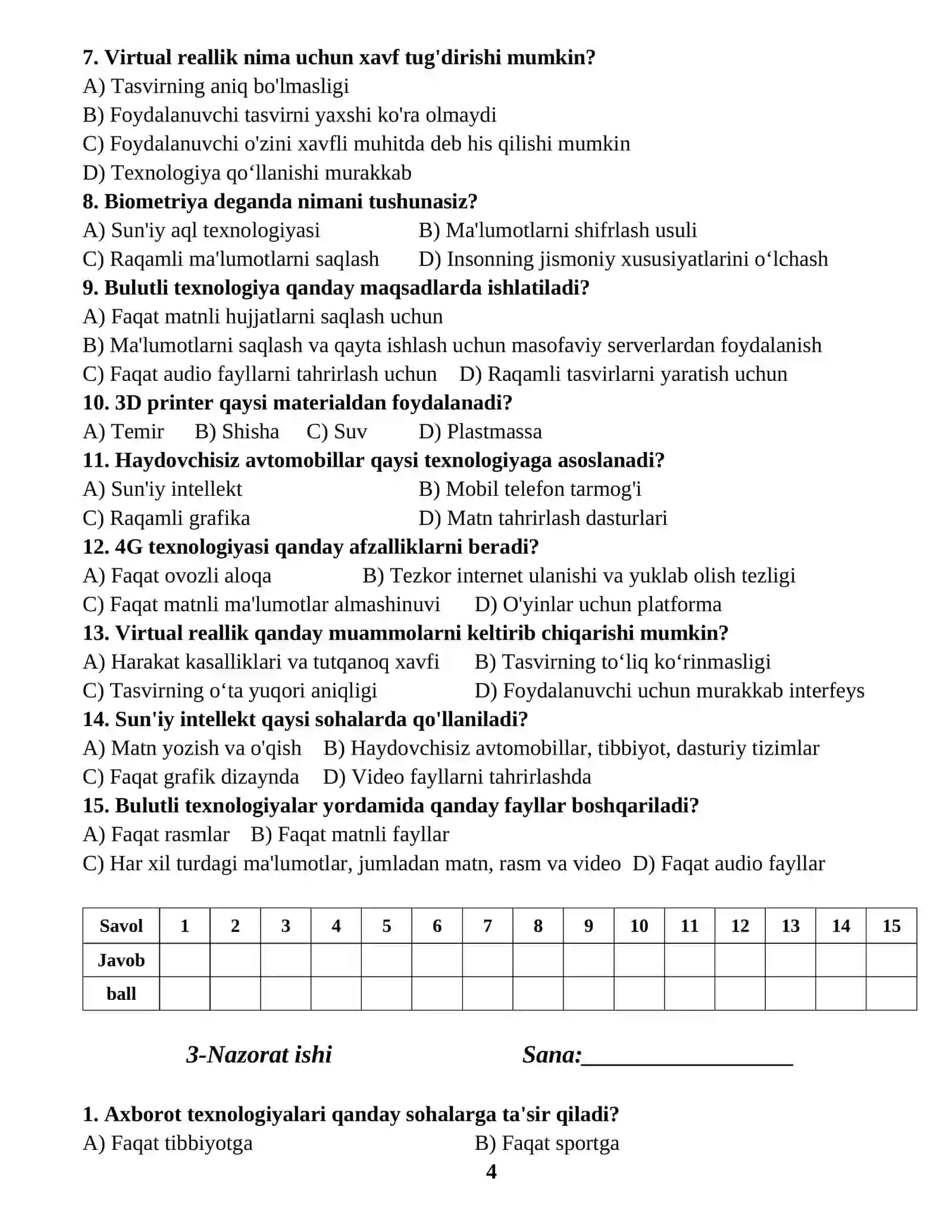 Informatika fanidan Nazorat Ishlari dafatari 4