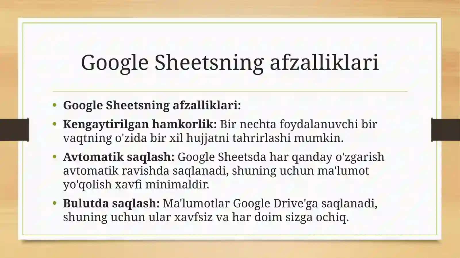GOOGLE SHEETSDA JADVALLAR YARATISH 4