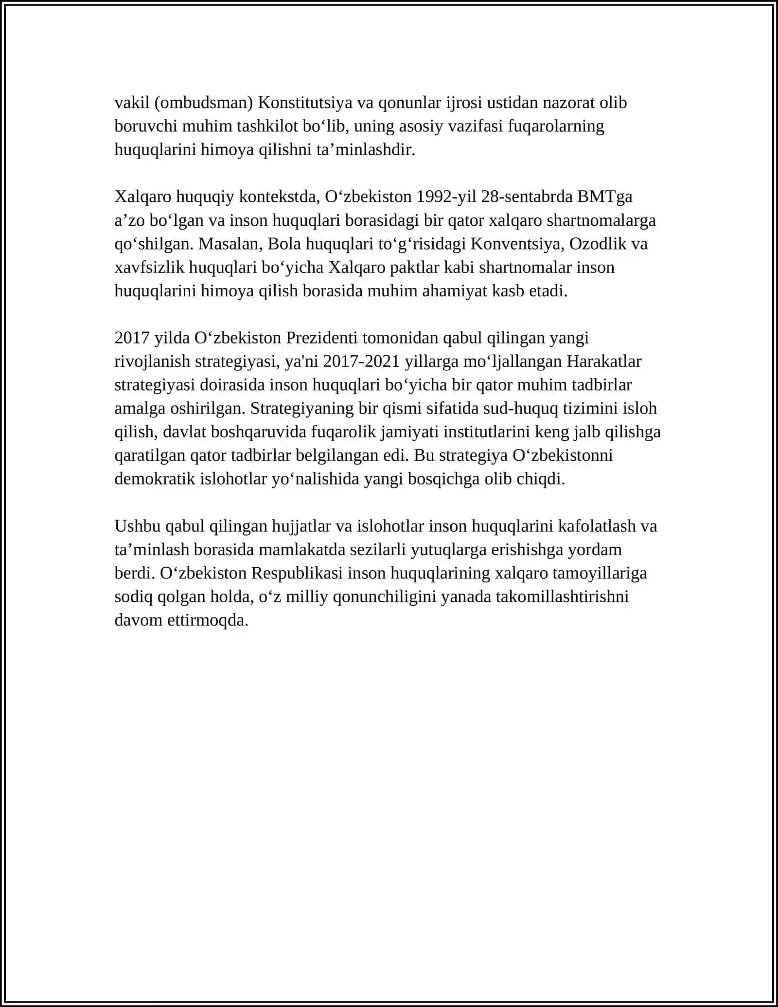 YANGI O‘ZBEKISTONDA INSON HAQ-HUQUQLARI VA ERKINLIKLARI KAFOLATNING YARATILISHI 4