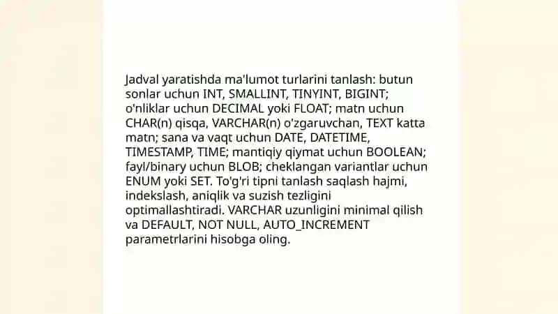 SQL da jadval yaratish, ma'lumot joylash 4
