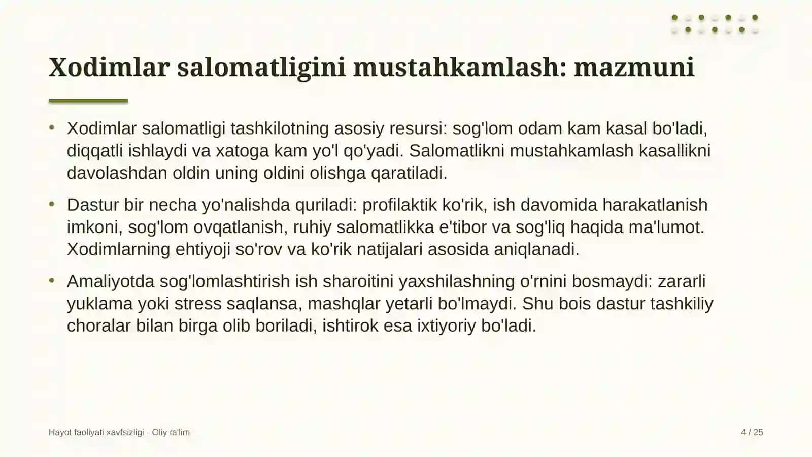 HAYOT FAOLIYATI XAVFSIZLIGI · OLIY TA'LIM 4