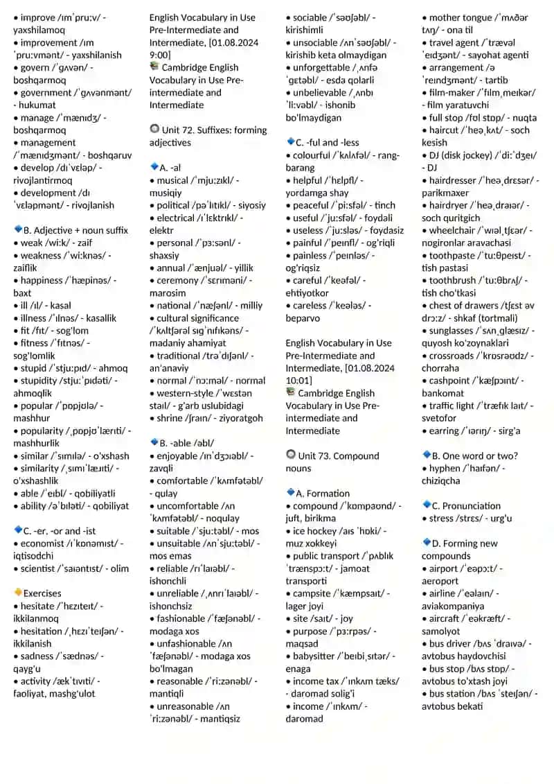 PRE INTERMEDIATE VOCABULARY 61-100 UNITS 4