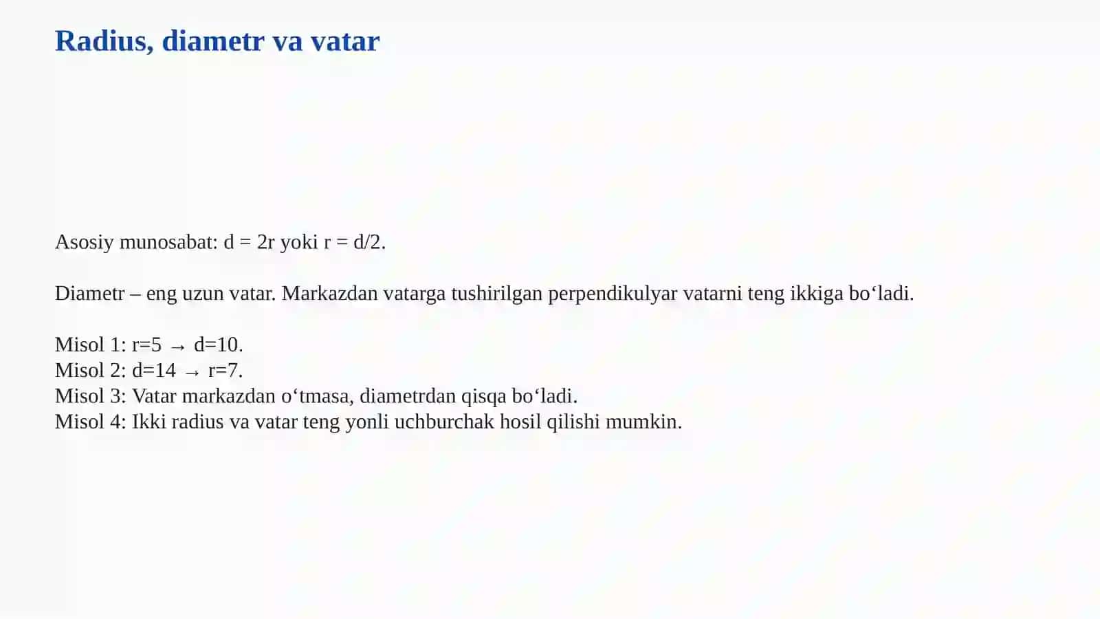 AYLANA VA DOIRA: GEOMETRIK XOSSALAR, UZUNLIK VA YUZA 4