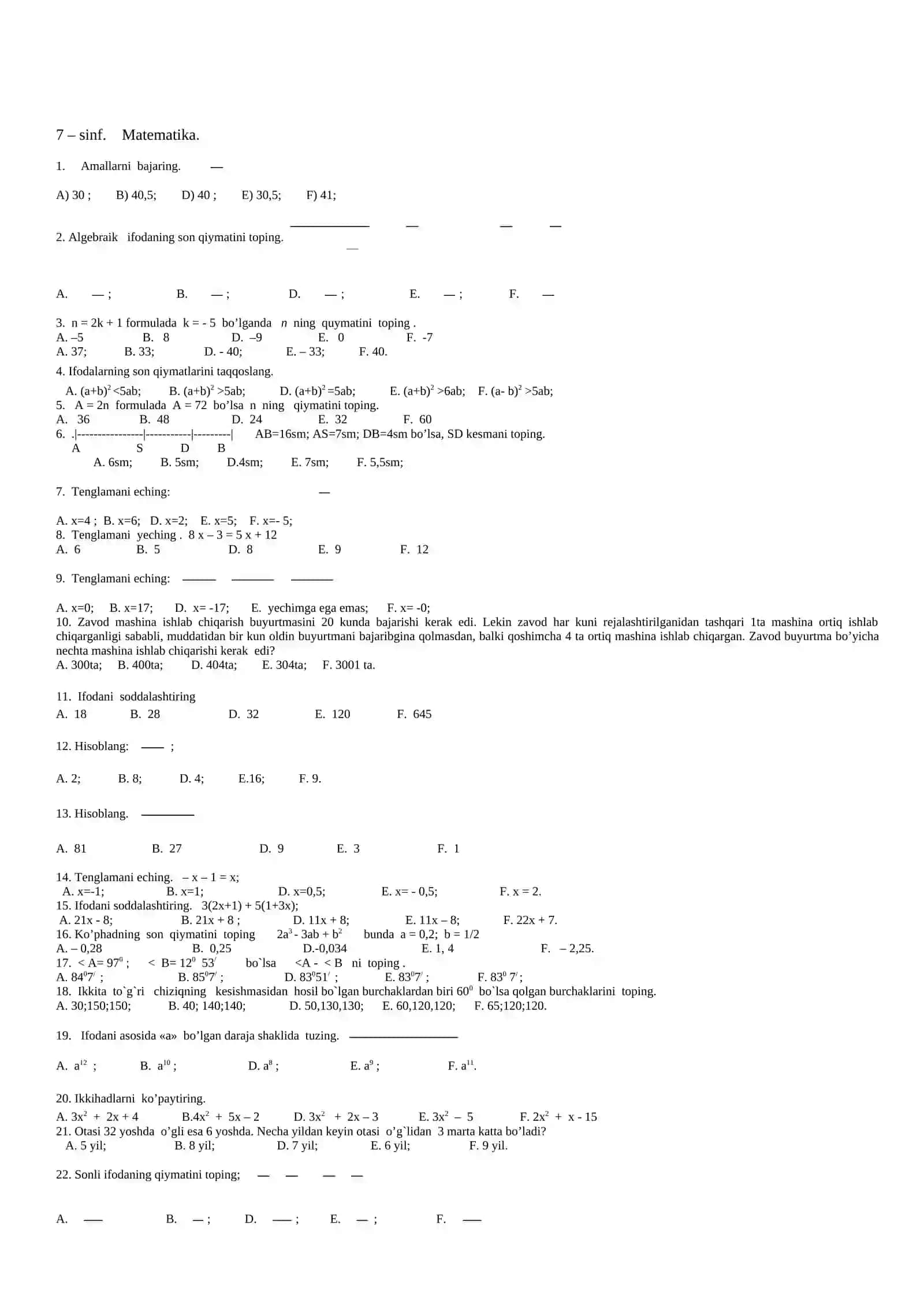 Matematika sinov testi 4