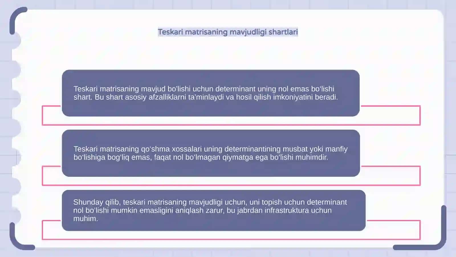 Teskari matrisaning qo'shimcha xossalari 4