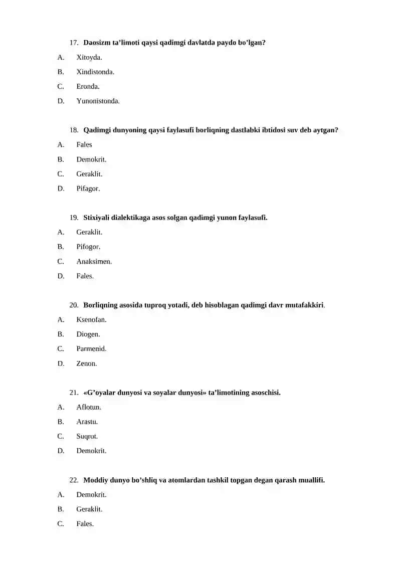 FALSAFADAN TEST SAVOLLARI 4
