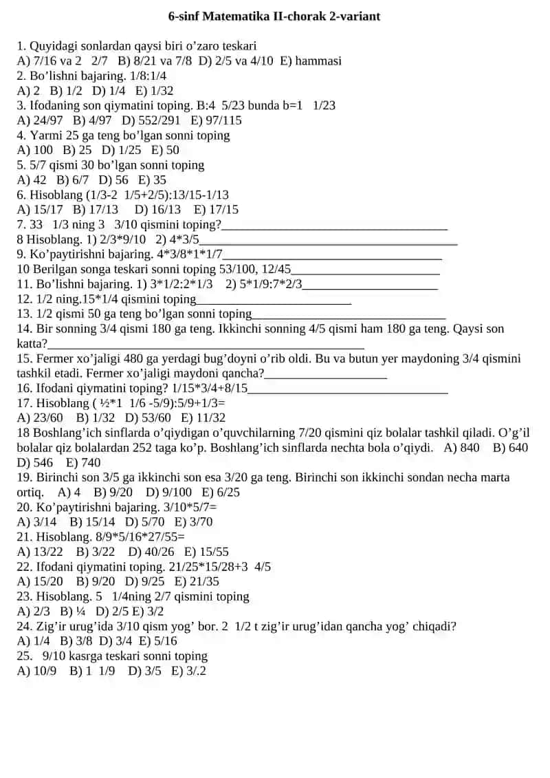6-sinf Matematika 1-CHORAK 1- VARIANT 4