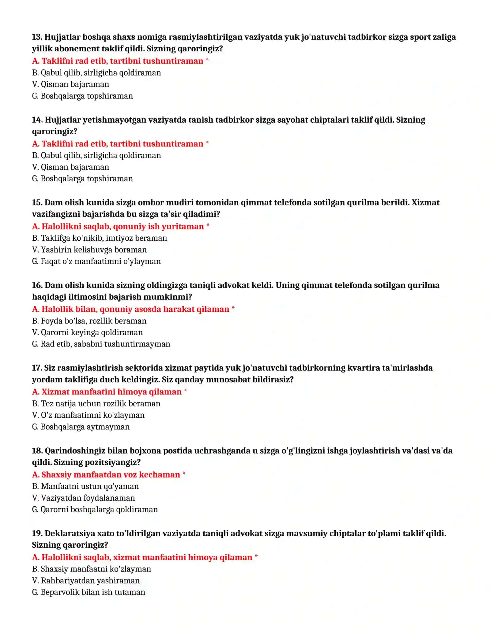 BOJXONA XIZMATIGA SUHBATDAN MUVOFFAQIYATLI O'TISH UCHUN TESTLAR - TO'LIQ BAZA 4