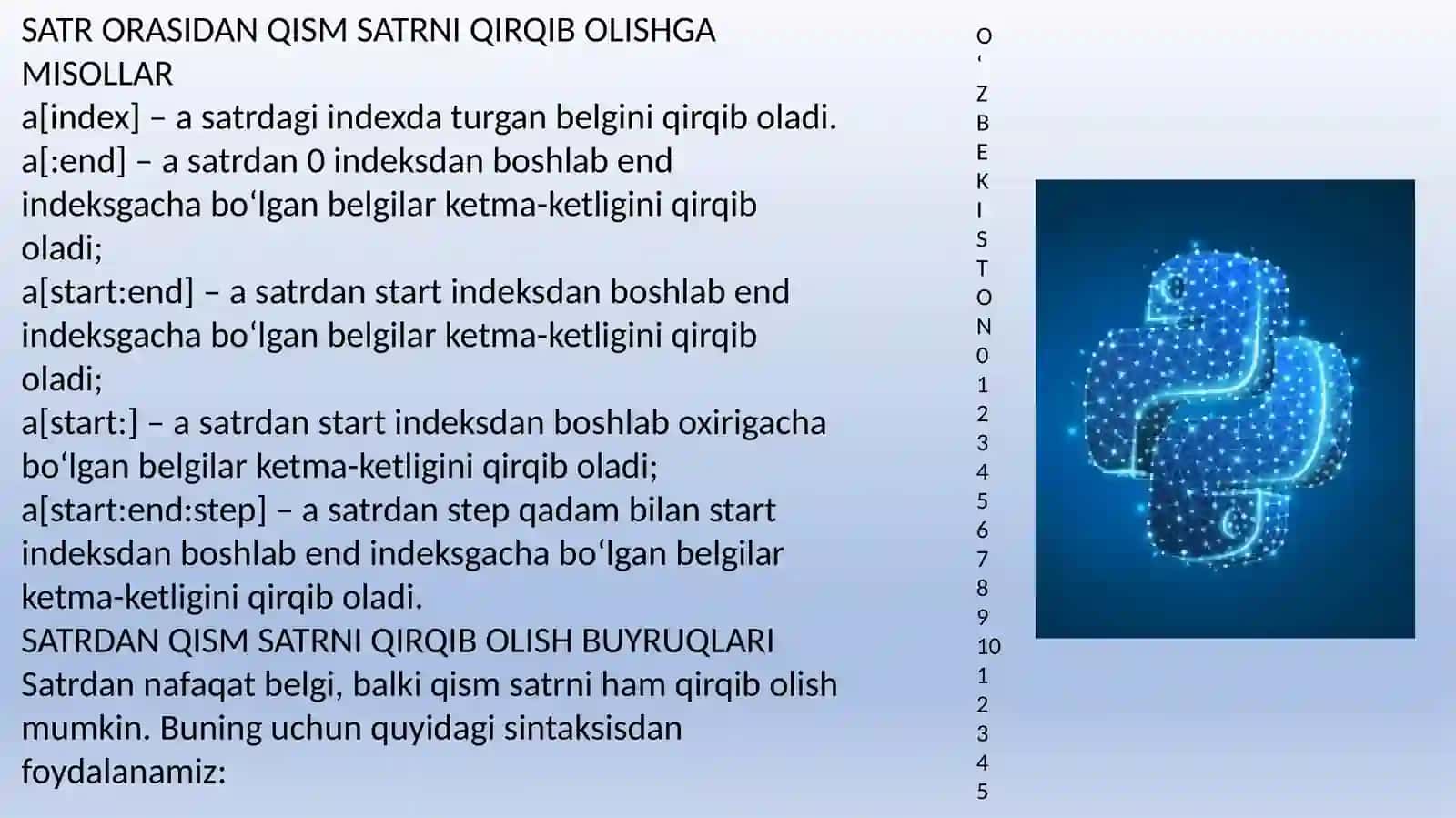 Pythonda satrlar ustida oddiy amallar 4
