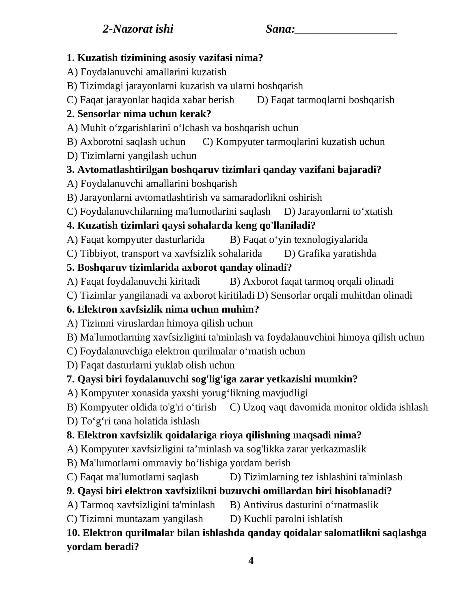 10-sinf Informatika fanidan NAZORAT ISHLAR DAFTARI 4