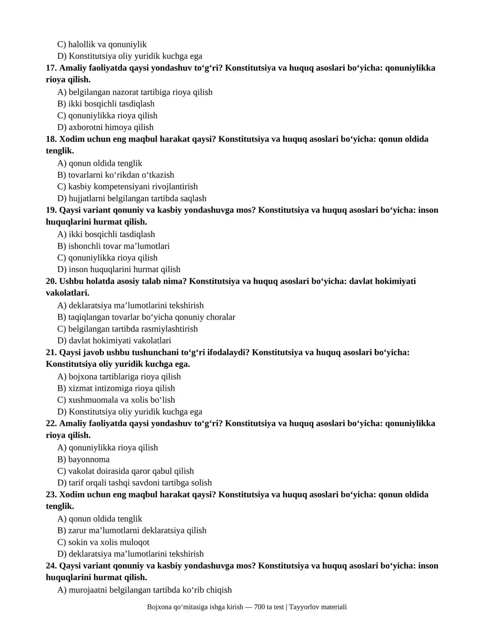 Bojxona qo‘mitasiga ishga kirish uchun 700 ta test savollari va javoblari 4